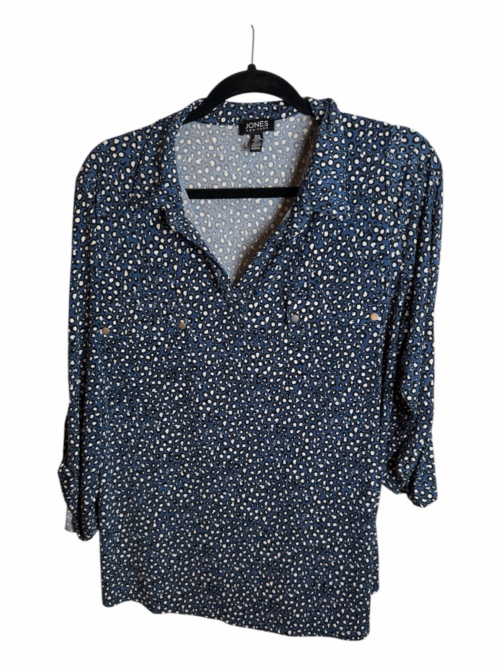 Jones New York Blue White Polka Dot Knit V-Neck 3/4 Sleeve Blouse Women’s XL